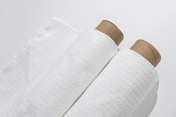 White cotton Fabric Rolls Mockup. Pieces of textile. Towel