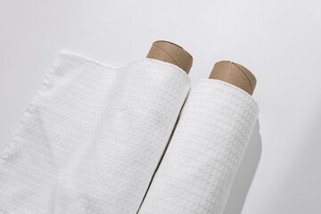 White cotton Fabric Rolls Mockup. Pieces of textile. Towel
