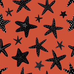 Starfish seamless pattern. Black silhouette. Atlantic star. Marine Animal Vector print.