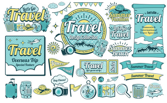 アメリカンビンテージ風クールでおしゃれな夏旅行・トラベルのタイトルデザインフレームとイラストのセット_マリンブルー