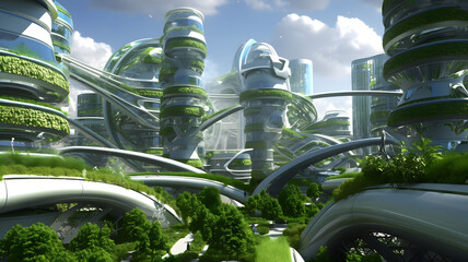 A green renewable city with futuristic round design generated by AI