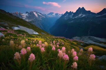 Landscape of mountains on background with pink flowers in foreground - AI Generated