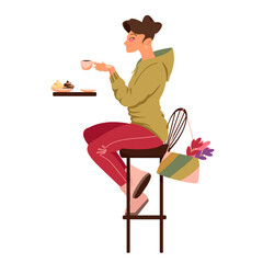 Fototapeta premium a girl drinks coffee sitting in a cafe. a beautiful woman with a cup of hot drink. vector image of a girl