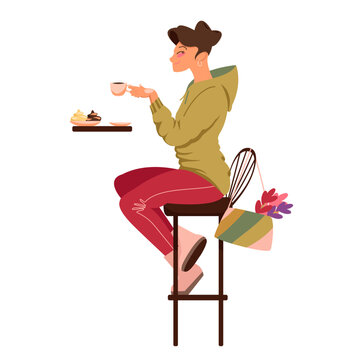 a girl drinks coffee sitting in a cafe. a beautiful woman with a cup of hot drink. vector image of a girl