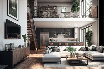 Fototapeta na wymiar AI generated modern interior design of spacious living room furnished with comfortable gray couch and coffee table with TV and cabinet near kitchen in open plan house with stairs in library