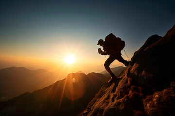 A man standing on top of a mountain hiking with backpacks in the sunset sunlight, a view of a beautiful landscape from above, a climber climbing a mountain with equipment silhouette. Generative AI.