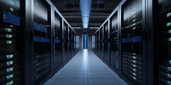 High Tech Rechenzentrum mit Server Anlagen zum speichern und verarbeiten von gigantischen Datenmengen. AI generativ