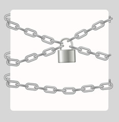 Padlock and chain. Gray metal chain and padlock, handcuffed card, vector