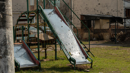 Children's playground destroyed by russian forces in Kyiv region, Ukraine