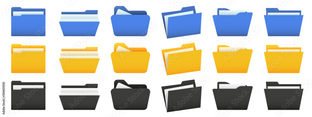 Poster set of blue, yellow, black file folder. office folder collection