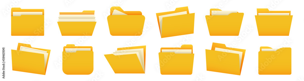 Poster Set of yellow file folder. Office folder collection