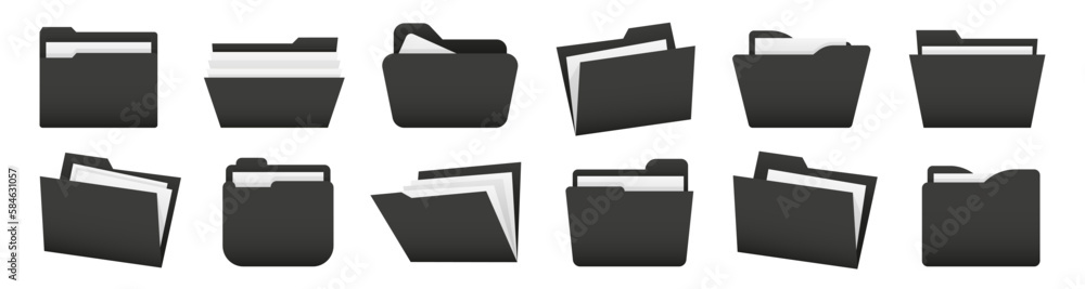 Poster Set of black file folder. Office folder collection