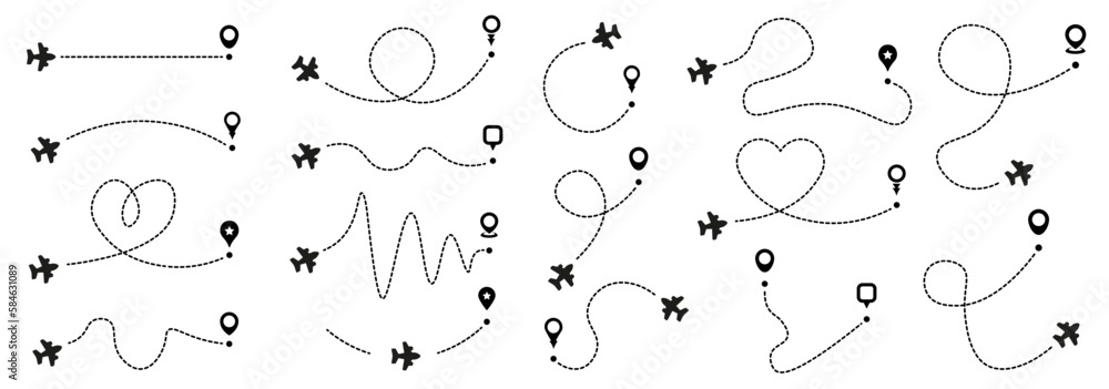 Poster Set of plane route trip destination with map pointer