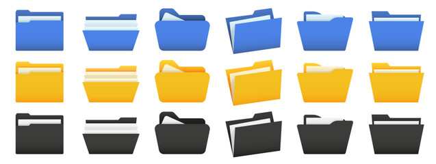 Set of blue, yellow, black file folder. Office folder collection - obrazy, fototapety, plakaty