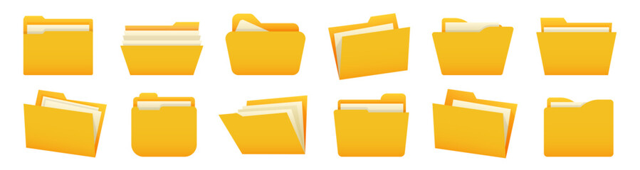 Set of yellow file folder. Office folder collection - obrazy, fototapety, plakaty