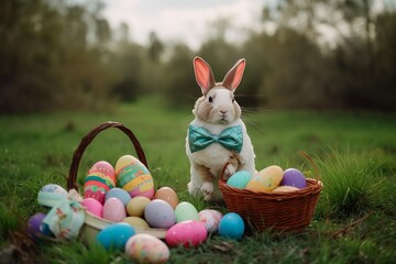 Easter bunny gathering eggs during easter