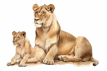 Fototapeta na wymiar Family of lion, adult and cub, isolated. Wild cat. Generative AI