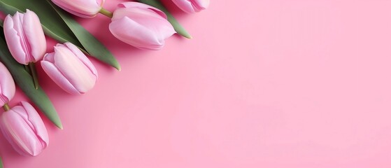 Top view of pink tulip flowers in flat lay style - Generative ai