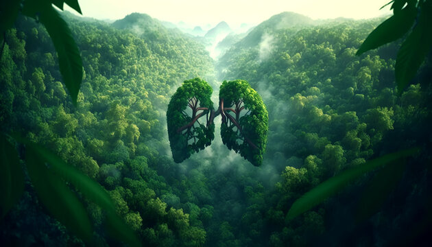 Leaves and branches in form of human lungs with forest on backdrop. Forest as lungs of planet concept. Generative AI