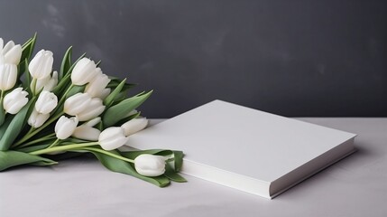 "Empty book cover template with white tulips bouquet - Generative ai