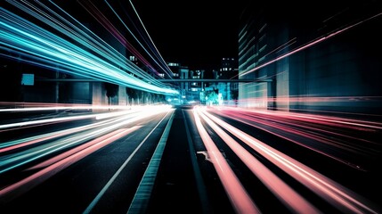 Abstract Long Exposure Light Trails in Urban Environment with Red and White Streaks - Generative ai