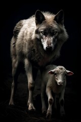 Fototapeta premium Wolf Standing Behind a Lamb in a Dark Background - Generative ai