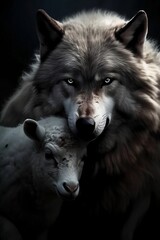 Wolf and a Lamb Close-up on a dark background - Generative ai