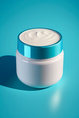 Modern beauty product beauty cream for skin care and moisturizing anti-aging cream jar top close up view on blue background, health and beauty concept. Copy space, template. Generative AI.