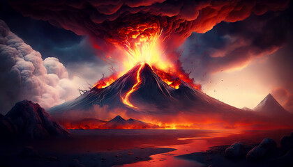 Volcano eruption. Lava flow down the slopes. Smoke rises in night sky. Generative AI