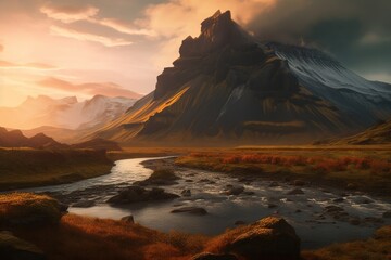 Fototapeta premium sunrise over the mountains, a river flowing through mountains - AI Generated