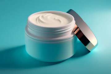 Modern beauty product beauty cream for skin care and moisturizing anti-aging cream jar top close up view on blue background, health and beauty concept. Copy space, template. Generative AI.