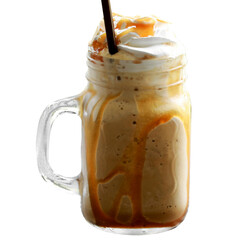Iced Coffee Caramel Macchiato Frappe with whipping cream on top in the mug glass on white...