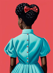 Stylish poster portrait from the back of an African American woman in retro style in vintage clothing on a light bedding background, art illustration poster. Generative AI.