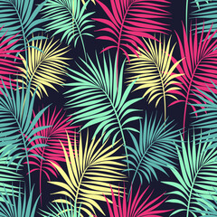 Seamless pattern with Palm Branches of different bright colors. Summer tropical vector ornament. Floral texture. Vector illustration. ornament for printing on fabric, paper or wrapping