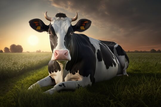 AI generated of white and black cow with adorable muzzle looking at camera while lying on lawn with green grass in sunset against dark cloudy sky