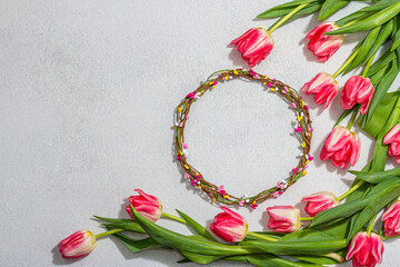 Fresh pink tulips on light concrete background. Festive concept for Mother's Day or Valentines Day