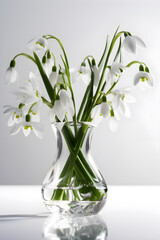 Bouquet of snowdrop flowers in a crystal vase, created with Generative AI