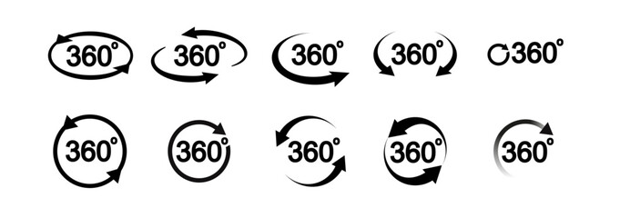 360 degree view related icon set. Signs and arrows for indicate the rotation and panorama. Vector