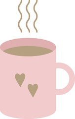 Pink mug with hearts with hot coffee or cocoa with rising steam flat icon