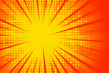 Pop art comic background lightning blast halftone dots pattern. Cartoon Vector Illustration on orange red gradient colors. landscape horizontal layout. sun rays concept. Vintage backdrop