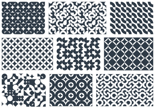 Seamless geometric patterns set, abstract vector backgrounds for wallpaper or websites or wrapping paper print created with black and white elements of geometry.