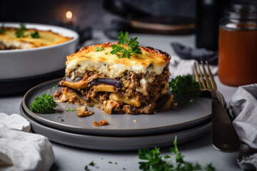 Assiette présentant une part de Moussaka, spécialité culinaire de Grèce, gratin d'aubergine, viande et béchamel avec fromage gratiné au four