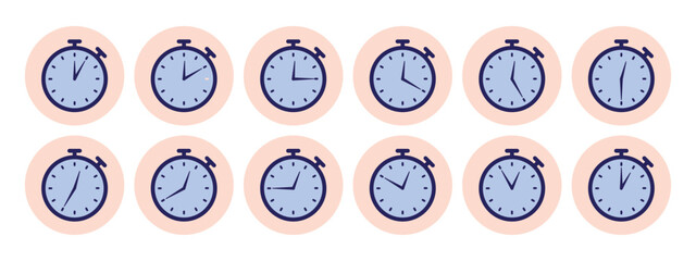 Timer Clock Icons Set From 5 Minutes To 60 Minutes, Countdown Timer Icons Vector For Presentation And Website, Timekeeper, Stopwatch Set Icons For Measurements and Training