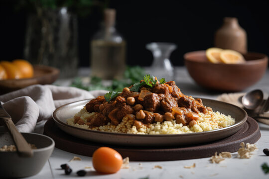 Plat de Tajine au poulet ou &agrave; l'agneau, sp&eacute;cialit&eacute; culinaire du magreb, viande, semoule, l&eacute;gumes, &eacute;pices, aigre doux