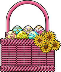 Cartoon Easter Basket With Colored Eggs And Flowers. Vector Hand Drawn Illustration Isolated On Transparent Background