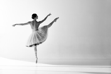Elegant movements of one beautiful ballerina dancing isolated over white background. Female dancer in ballet dress