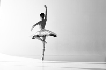 Monochrome. Ballerina wearing tutu poses in motion showing ballet elements while standing on pointe shoes over white backgrounds © Lustre Art Group 