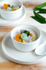 bubur cha cha is Indonesian dessert made from taro, coconut milk, tapioca jelly, sweet potato and palm seed
