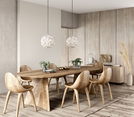 Interior of modern dining room, dining table and wooden chairs. Home design. 3d rendering