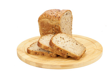 Bread made of wheat flour with seeds cut into slices on a wooden board on a white background